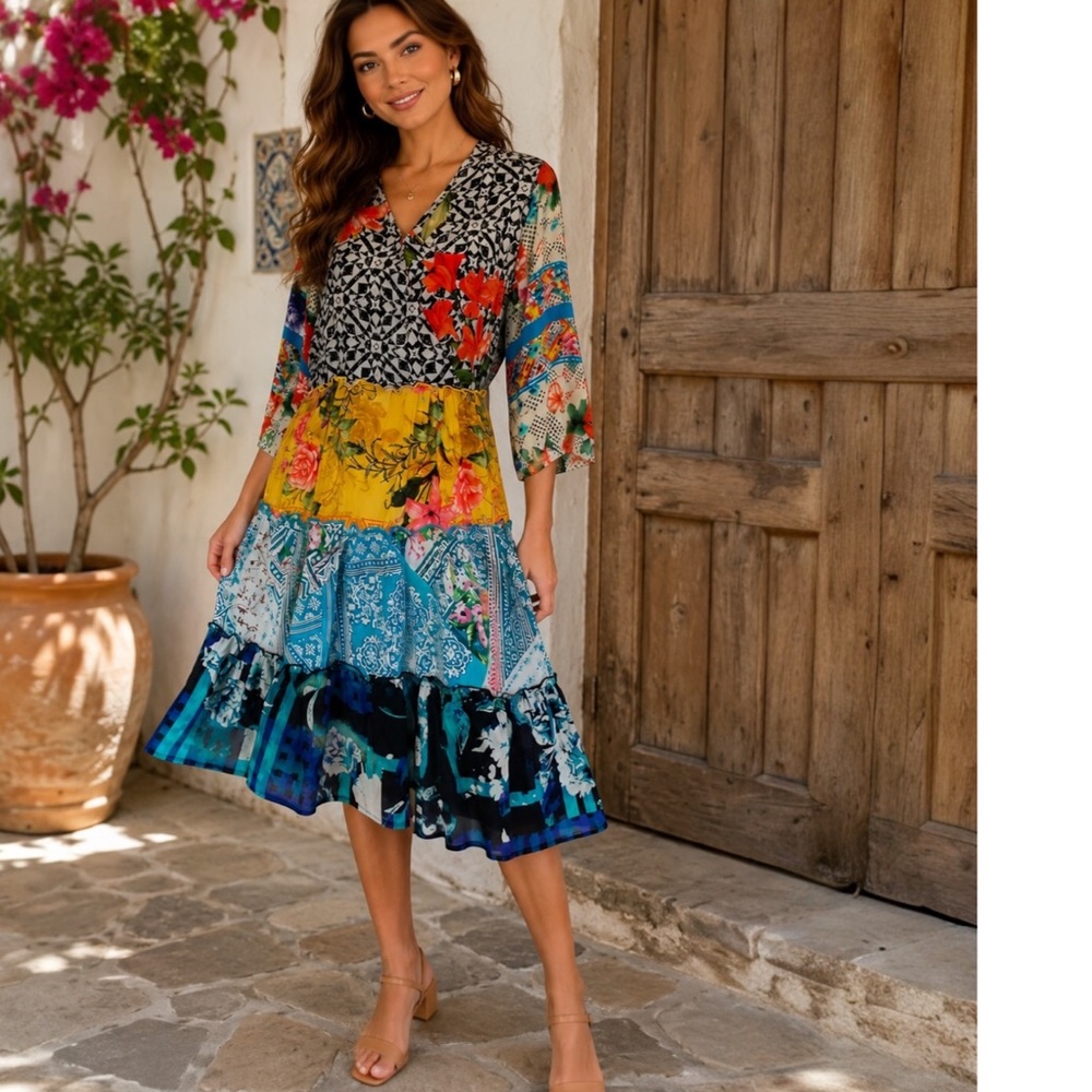 Shana Patchwork Boho Silk Viscose Dress Tiered Floral Mixed Print Sz M
